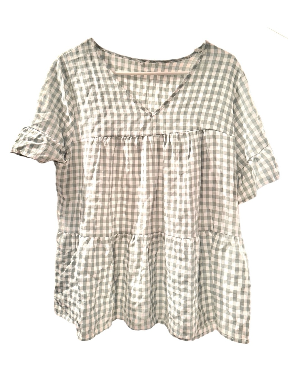 Gingham Peplum Babydoll Top - Sage and White Size L